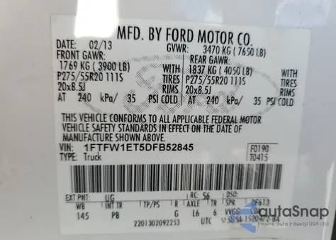 2013 Ford F150 Supercrew from USA, damaged, VIN 1FTFW1ET5DFB52845